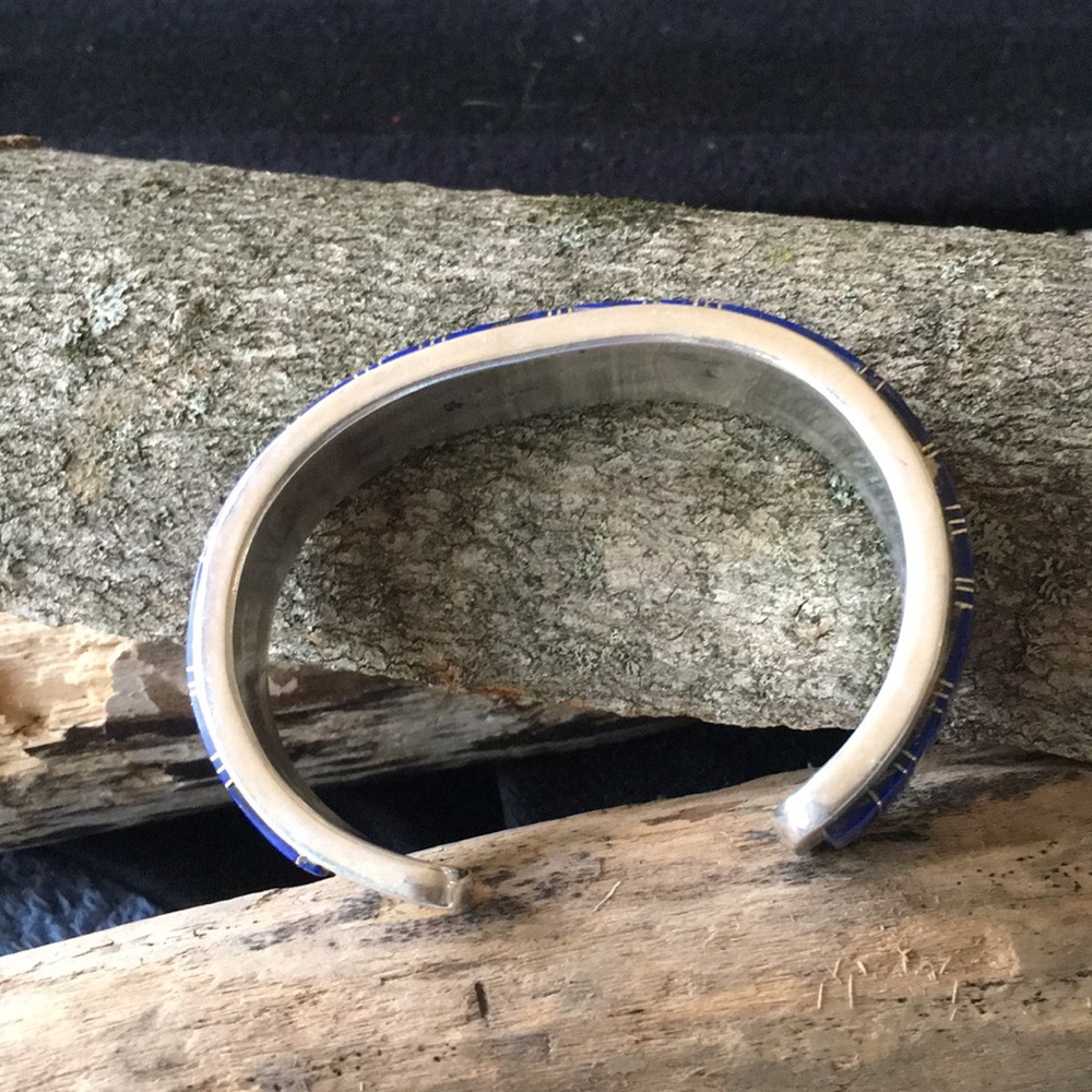 Vintage Navajo Native American Inlay Lapis Bracelet by Wilbur Yazzie - Picture 6 of 14